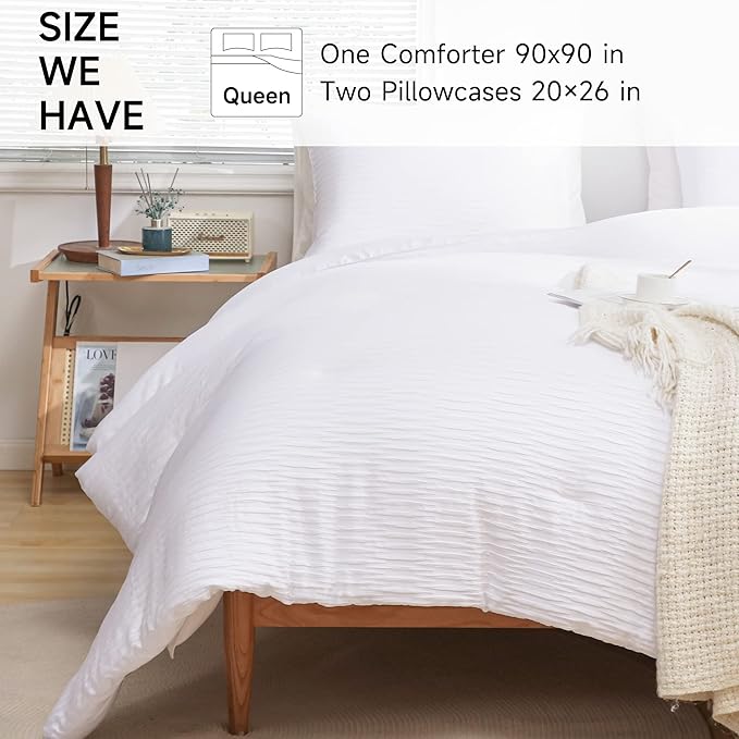 White Seersucker Comforter Set Queen Size (90x90 in), 3 Pieces Soft Crinkled Textured Comforter with 2 Pillowcases, Lightweight Microfiber Down Alternative Bedding Set for All Season - LeafyLoom