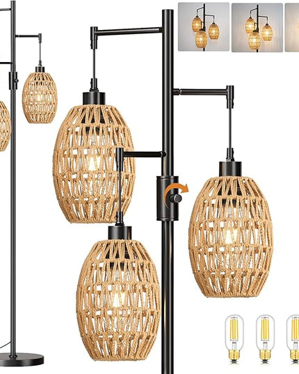 Boho Floor Lamps for Living Room Bedroom Rattan Floor Lamp With Three Wicker Woven Lampshades,Dimmable Rustic Floor Lamp Black Standing Lamp 68" Farmhouse Tall Three Floor Lamp For Bedroom Corner - LeafyLoom