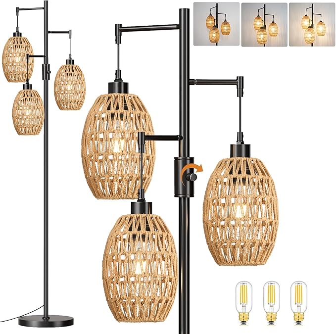 Boho Floor Lamps for Living Room Bedroom Rattan Floor Lamp With Three Wicker Woven Lampshades,Dimmable Rustic Floor Lamp Black Standing Lamp 68" Farmhouse Tall Three Floor Lamp For Bedroom Corner - LeafyLoom