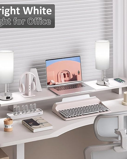 White Silver Bedside Table Lamps Set of 2-3 Color Temperatures Pull Chain Lamp with AC Outlet Charging Port, Two Round Night Stand Lamps for Bedroom, Small Bed Side Light with E26 LED Bulbs - LeafyLoom