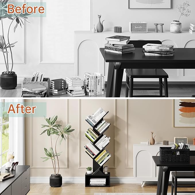 Vagusicc 6 Tier Tree Bookshelf, Modern Floor Standing Bookcase with Storage Drawer, Tall Wood Book Storage Rack for CDs/Books, Utility Book Organizer Shelves for Bedroom/Living Room/Home Office/Corner - LeafyLoom