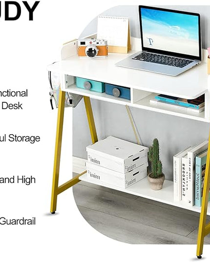 TEAMIX Small White Desk with Drawer and Shelf, Wood Computer Desk for Laptop PC, Gaming Desk with Hooks Vanity Makeup Desk for Girls Home Office Desk - LeafyLoom