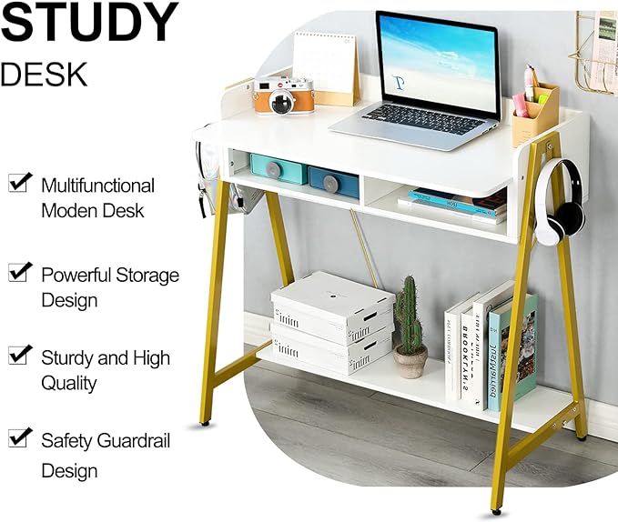 TEAMIX Small White Desk with Drawer and Shelf, Wood Computer Desk for Laptop PC, Gaming Desk with Hooks Vanity Makeup Desk for Girls Home Office Desk - LeafyLoom