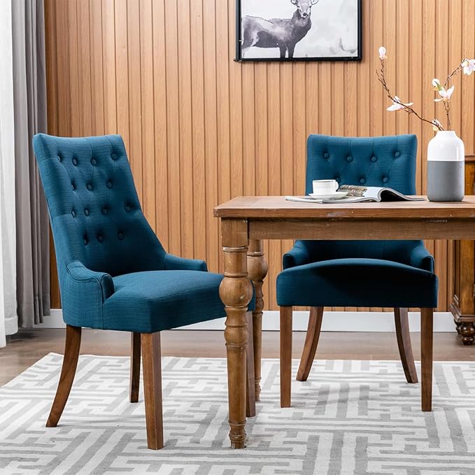 COLAMY Wingback Upholstered Dining Chairs Set of 4, Fabric Side Dining Room Chairs with Tufted Button, Living Room Chairs for Home Kitchen Resturant - Dark Blue - LeafyLoom