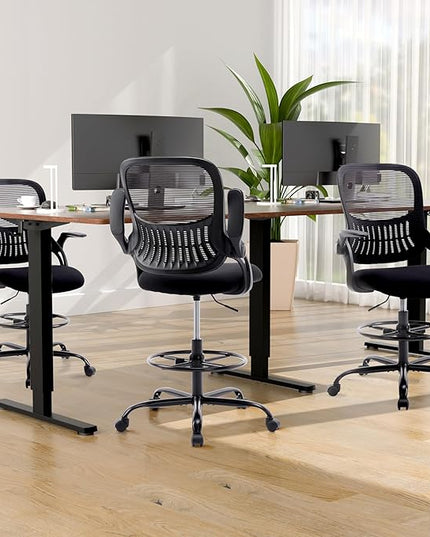 SMUG Drafting Chair, Tall Office Chair Tall Standing Desk Chair Counter Height Adjustable Office Chair with Flip-up Arms, Mid Back Mesh Office Drafting Chairs, Black - LeafyLoom