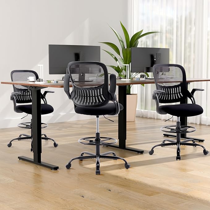 SMUG Drafting Chair, Tall Office Chair Tall Standing Desk Chair Counter Height Adjustable Office Chair with Flip-up Arms, Mid Back Mesh Office Drafting Chairs, Black - LeafyLoom