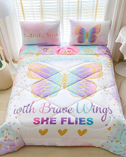 Twin Size Comforter Set for Girls, 5-Piece Bed in a Bag, 3D Colorful Butterfly Bedding Comforter Sheet Set, Ultra Soft and Fluffy, Pink & Rainbow Color - LeafyLoom