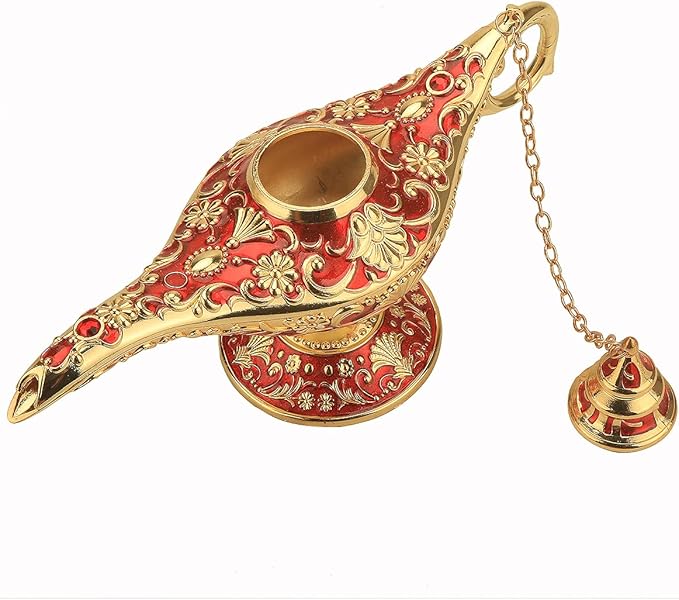 Legend Aladdin Lamp Magic Genie Wishing Light, Classic Arabian Nights Costume Props Lamp Table Decor for Home Wedding Party Halloween Birthday Beautiful Gift Toy for Women Girl (Red & Gold) - LeafyLoom