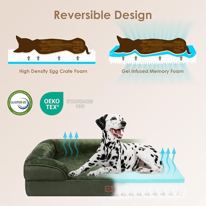 EHEYCIGA Orthopedic XL Dog Beds, Waterproof Memory Foam Dog Bed for Extra Large Dogs, Non-Slip Bottom and Egg-Crate Foam Big Dog Couch Bed with Washable Removable Cover, Dark Green EHEYCIGA