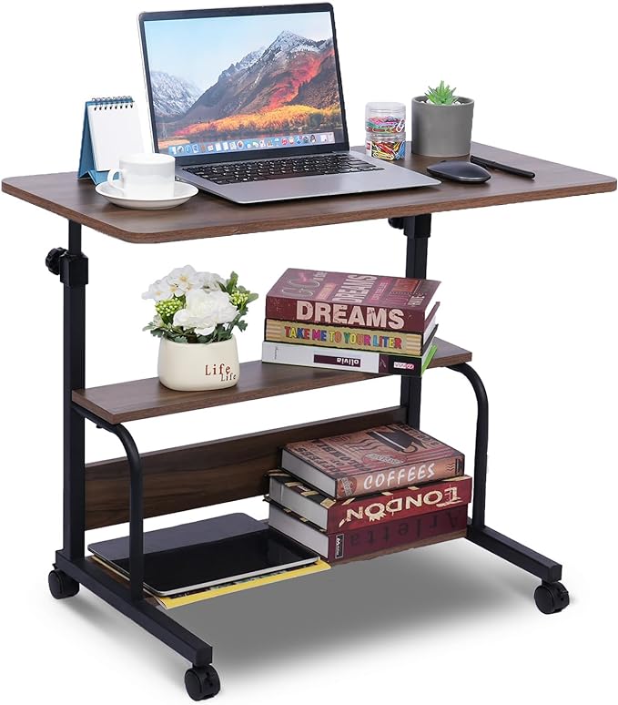 Portable Desk Small Desks for Small Spaces Laptop Table Brown Rolling Adjustable Desk on Wheels Mobile Couch Desk for Bedroom Home Office Computer Standing Desk Student Desk with Storage 32x16 Inch - LeafyLoom
