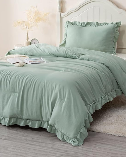 Andency Sage Green Twin Comforter Set, 2 Pieces Kids Ruffle Comforter Set Twin(66x90Inch), Farmhouse Shabby Chic Comforter Set, Soft Microfiber Kids Bedding Set - LeafyLoom