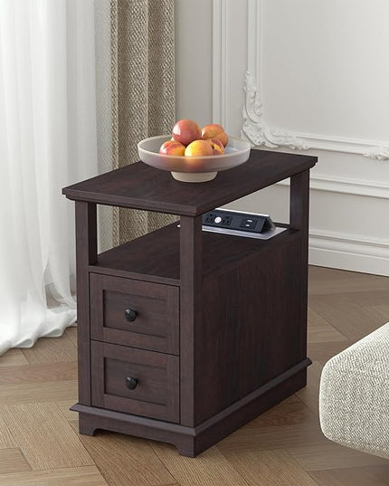 HIFYOBRO End Table with 2 Drawers, Storage Side Table with Flip Top Fast Charging Station, Type-C & USB port & Power outlets, Wooden Storage Cabinet for Living Room and Bedroom - LeafyLoom