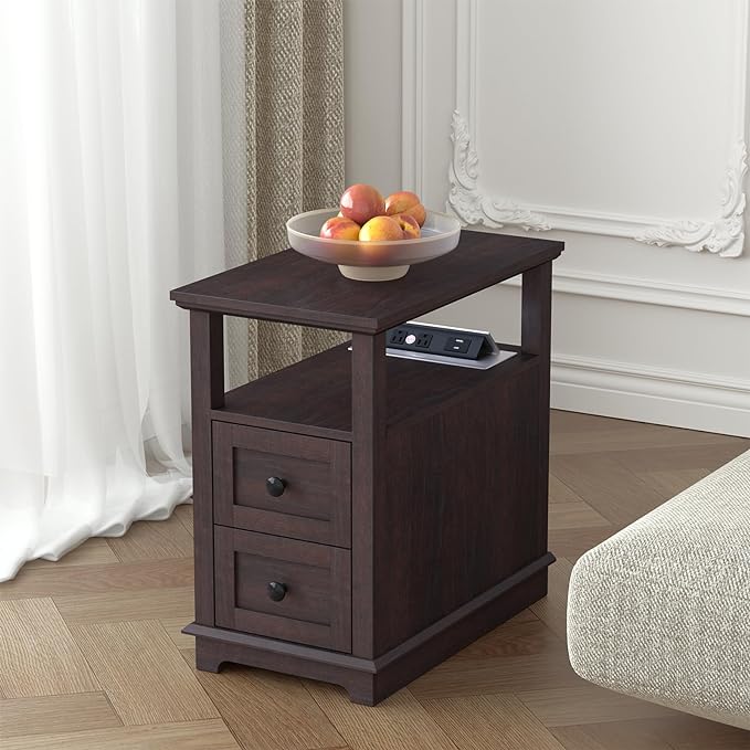 HIFYOBRO End Table with 2 Drawers, Storage Side Table with Flip Top Fast Charging Station, Type-C & USB port & Power outlets, Wooden Storage Cabinet for Living Room and Bedroom - LeafyLoom