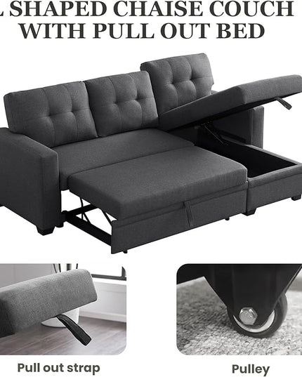 L Shape Sleeper Sofa Bed with Storage, Large Full Size Pull Out Sectional Couch, Futon Chaise Lounge Recliner for Living Room, Apartment, Bedroom, Office, Dark grey - LeafyLoom