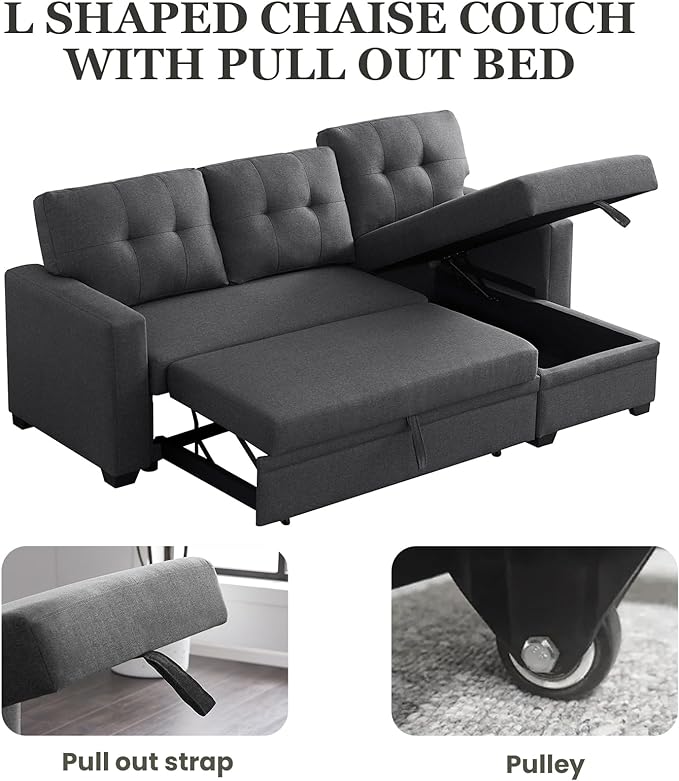 L Shape Sleeper Sofa Bed with Storage, Large Full Size Pull Out Sectional Couch, Futon Chaise Lounge Recliner for Living Room, Apartment, Bedroom, Office, Dark grey - LeafyLoom
