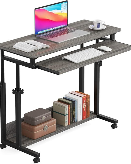 Tribesigns Portable Desk for Sofa and Bed, Height Adjustable Mobile Laptop Table Small Standing Desk Rolling Computer Cart with Keyboard Tray on Wheels for Home Office (Grey) - LeafyLoom