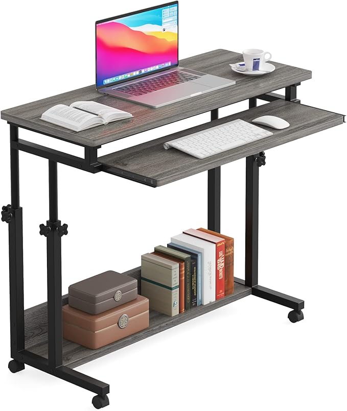 Tribesigns Portable Desk for Sofa and Bed, Height Adjustable Mobile Laptop Table Small Standing Desk Rolling Computer Cart with Keyboard Tray on Wheels for Home Office (Grey) - LeafyLoom