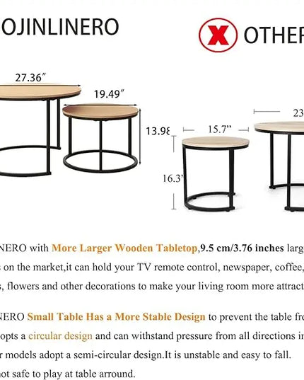 Industrial Round Coffee Table Set of 2 End Table for Living Room,Stacking Side Tables, Sturdy and Easy Assembly,Wood Look Accent Furniture with Metal Frame,Black+Teak Oak - LeafyLoom