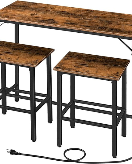 HOOBRO Bar Table Set with Power Outlet, 47.2“ Bar Table and Chairs Set, 3-Piece Pub Table Set, Kitchen Bar Height Table with Stools of 2, for Living Room, Dining Room, BF46UBT01 - LeafyLoom
