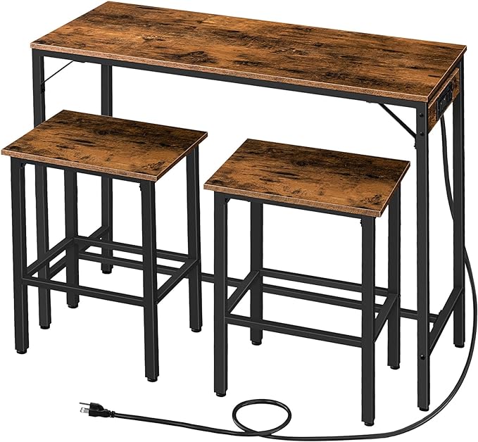 HOOBRO Bar Table Set with Power Outlet, 47.2“ Bar Table and Chairs Set, 3-Piece Pub Table Set, Kitchen Bar Height Table with Stools of 2, for Living Room, Dining Room, BF46UBT01 - LeafyLoom
