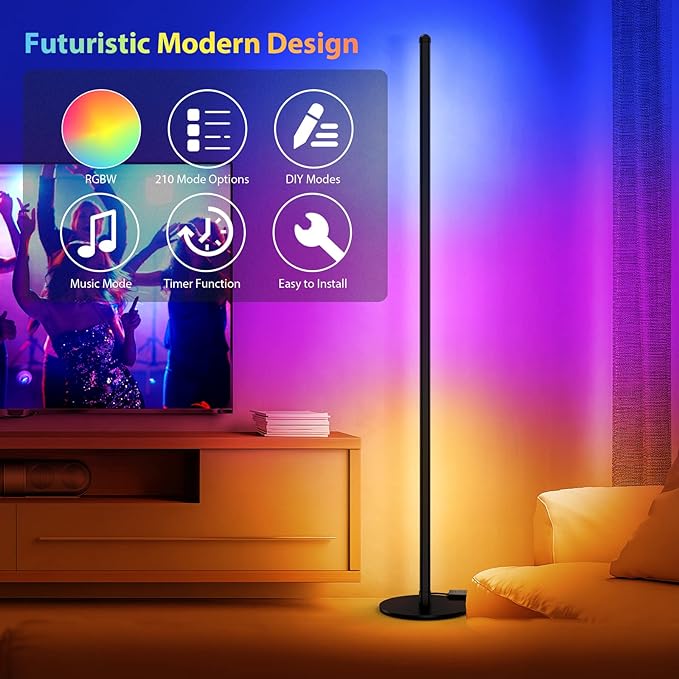 TOCLL LED RGB Corner Floor Lamp 62" Corner Light Color Changing Mood Lamp Dimmable Modern Standing Lamp with Remote Control Music Sync Timing RGB Ambient Light for Living Room, Bedroom, Play Room - LeafyLoom