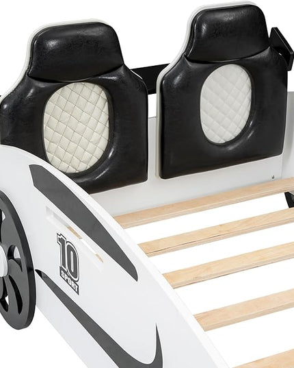 Twin Race Car-Shaped Bed with Storage Space & Upholstered Backrest,Wood Bedframe W/Safety Guardrail,Slats Support,No Box Spring Required,Fun Play for Boys Kids Toddlers Child's Bedroom,White - LeafyLoom