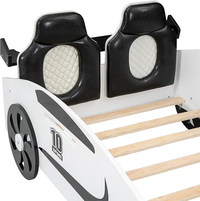 Twin Race Car-Shaped Bed with Storage Space & Upholstered Backrest,Wood Bedframe W/Safety Guardrail,Slats Support,No Box Spring Required,Fun Play for Boys Kids Toddlers Child's Bedroom,White - LeafyLoom