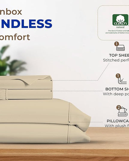 THREAD SPREAD 100% Egyptian Cotton Sheets California King Size - 600 Thread Count 4 PC Luxury Sheets Cal King Size, Soft, Cooling Hotel Luxury Bed Sheets & Pillowcases, Fits Mattress upto 18" - Sand - LeafyLoom