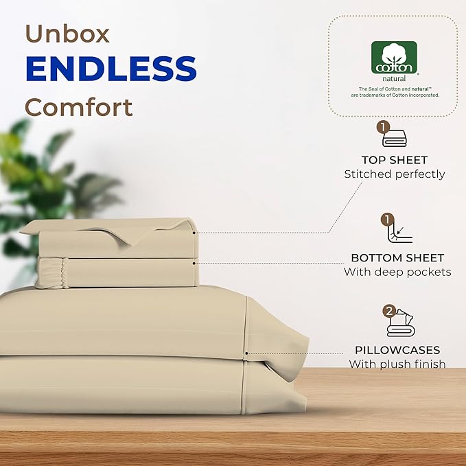 THREAD SPREAD Luxury Egyptian Cotton Sheets King Size - 600 Thread Count Sheets King 4 PC Luxury Sheets King Size, 16" Deep Pocket, Soft, Cooling Sateen Weave Hotel Luxury Bed Sheets Set - Sand - LeafyLoom