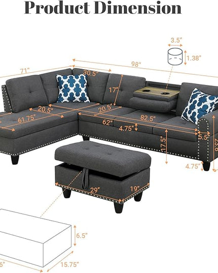 L Shaped Sectional Couch with Ottoman and Pillows 2 Cup Holders Design Living Room Furniture Sets for Apartment, Office, Dark Gray - LeafyLoom