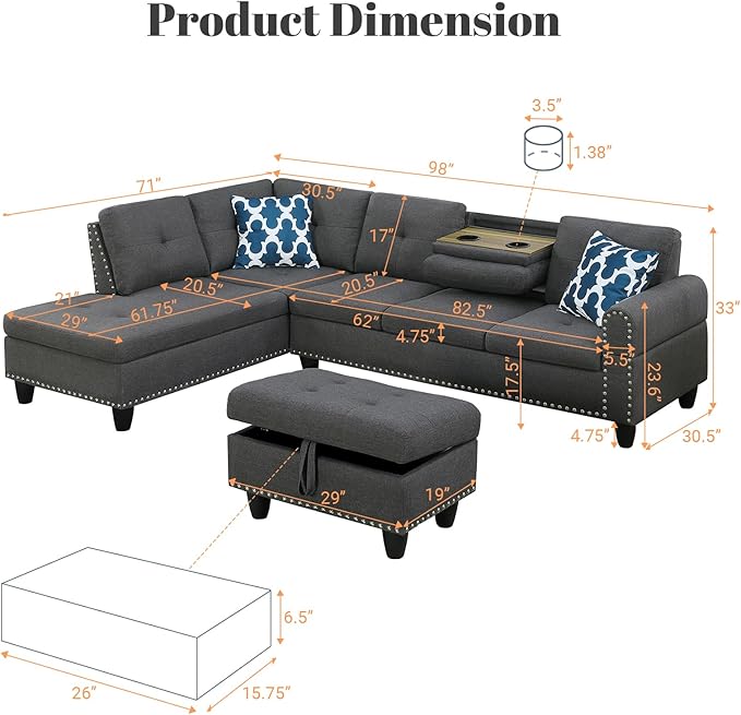 L Shaped Sectional Couch with Ottoman and Pillows 2 Cup Holders Design Living Room Furniture Sets for Apartment, Office, Dark Gray - LeafyLoom