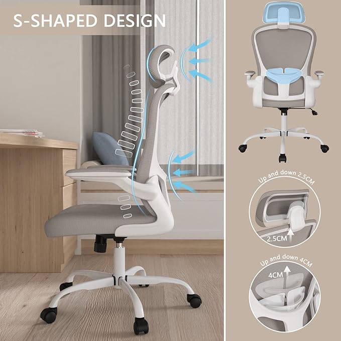 Office Chair, High Back Ergonomic Desk Chair, Breathable Mesh Desk Chair with Adjustable Lumbar Support and Headrest, Swivel Task Chair with flip-up Armrests, Executive Chair for Home Office - LeafyLoom