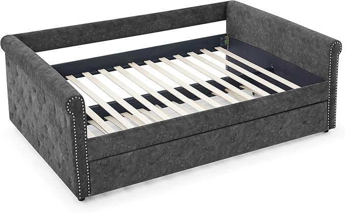 Upholstered Full Size Daybed with Twin Trundle, Solid Wooden Bed Frame w/Button Tufted and Copper Nail on Square Arms, No Spring Box Need - LeafyLoom