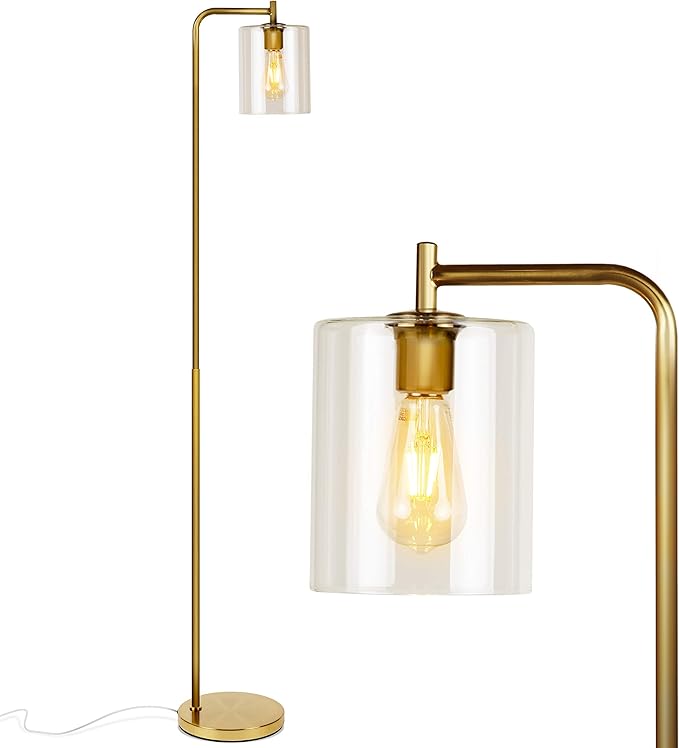 Brightech Elizabeth LED Floor lamp, Tall Lamp with Glass Shade & Edison Bulb, Industrial Lamp for Living Rooms & Offices, Vintage Standing Lamp for Bedroom in Farmhouse or Rustic Style - Gold - LeafyLoom