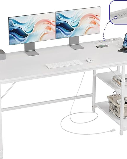 JOISCOPE 60 Inches Computer Office Desk with Table Power Outlets,Home Office White Desk with Storage Shelves and USB & Type-C Outlet for Bedroom, Home Office, Morden Simple Writing Table, White - LeafyLoom