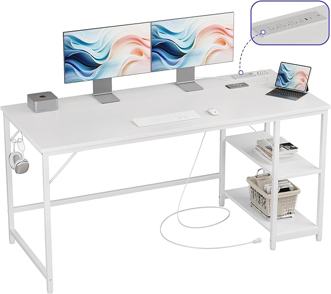 Computer Desk, 48 inches desk with 2 Shelves, Home Office Desk with USB/Type-C Charging Ports & Power Outlets, Study Table for Adults, White - LeafyLoom