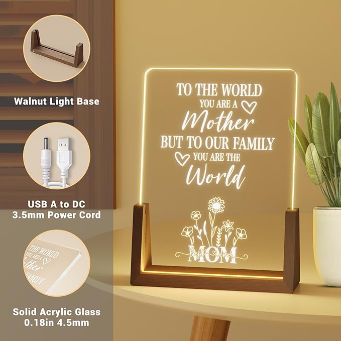 Sentimental Mothers Day Gifts for Mom from Daughter Son Kids, Walnut Night Light with Heartwarming Plaque for Mom's Birthday, Unique Mother's Day Gift Ideas for Wife, Best Mom Ever Gifts - LeafyLoom