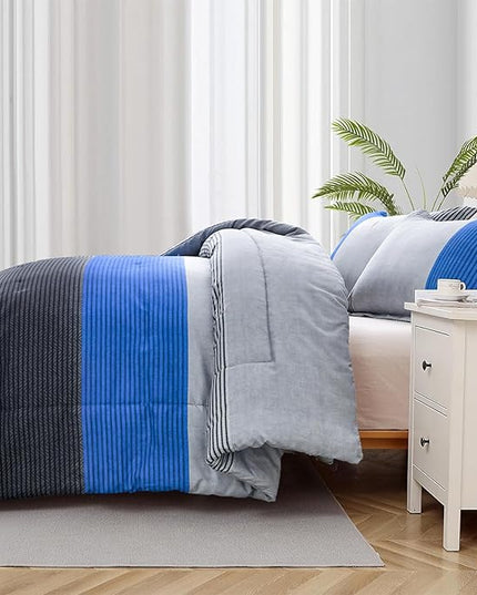 WONGS BEDDING Blue Stripe Comforter Set Full Reversible Grey Blue Patchwork Bedding Comforter Set for Full Bed, 3 Pieces (1 Comforter+2 Pillowcase), Soft Microfiber Filling Duvet Set 78"×90" - LeafyLoom
