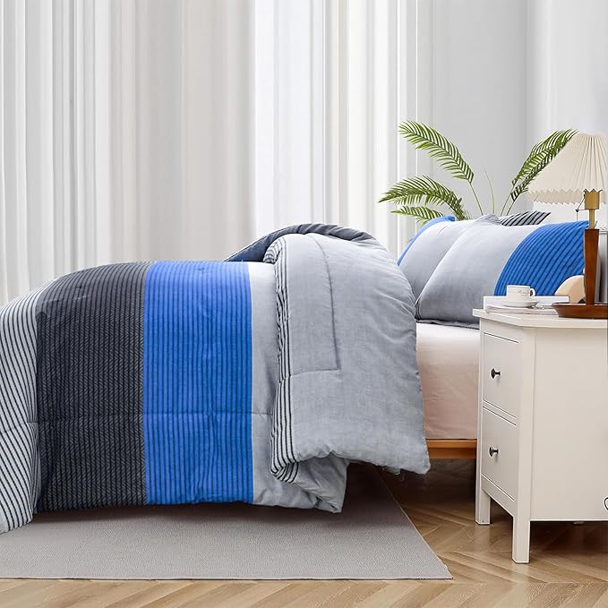 WONGS BEDDING Blue Stripe Comforter Set Full Reversible Grey Blue Patchwork Bedding Comforter Set for Full Bed, 3 Pieces (1 Comforter+2 Pillowcase), Soft Microfiber Filling Duvet Set 78"×90" - LeafyLoom