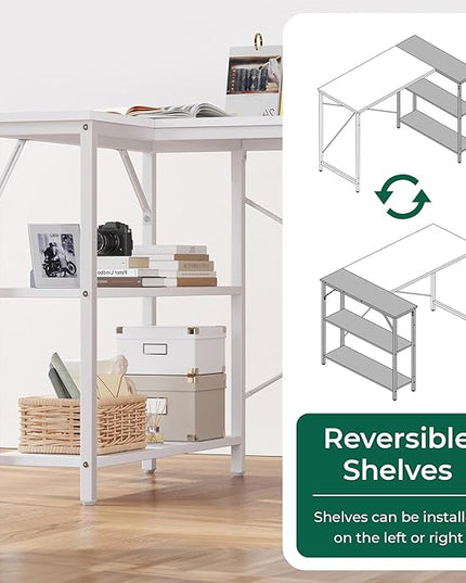 L Shaped Desk, 39 Inches Computer Desk with Reversible Storage Shelves, Gaming Desk, Corner Desk Home Office Desks, Writing Desk Study Desk with Metal Frame, White - LeafyLoom