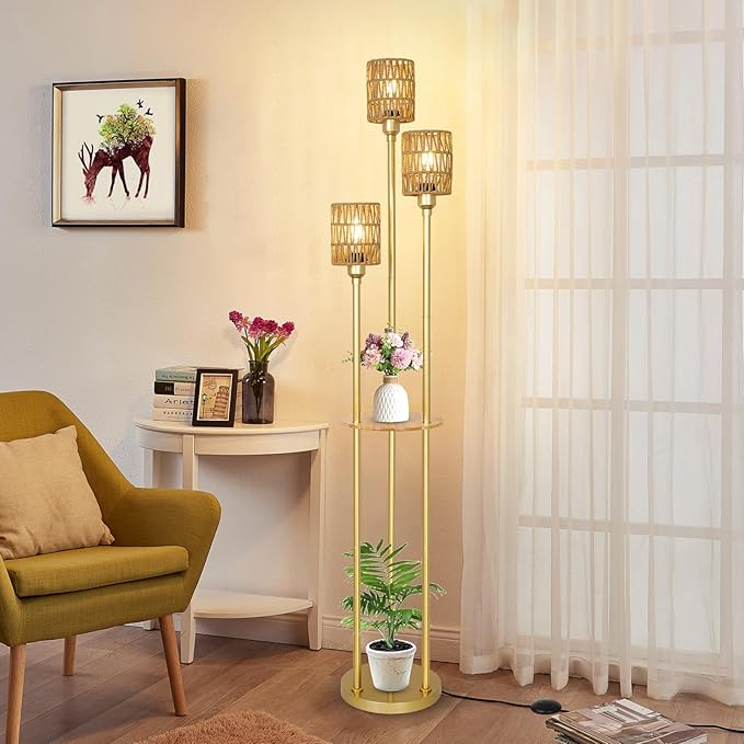 Dimmable Boho Floor Lamps for Living Room, 3-Lights Farmhouse Floor Lamp with 3-Way Foot Switch, Gold Floor Lamp with Shelves, Rustic Standing Lamp with Rattan Shades, Tall Lamps for Bedroom - LeafyLoom