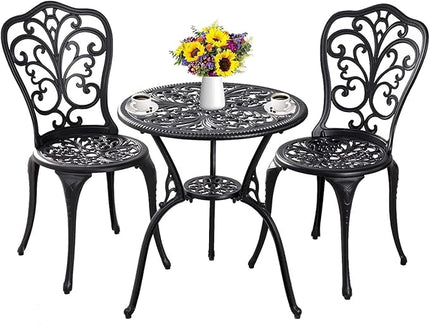 Outdoor Bistro Set 3 Piece Patio Bistro Set, Cast Aluminum Bistro Table and Chairs Set of 2, Small Patio Table Set for Porch, Black - LeafyLoom