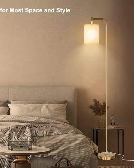 QiMH Floor Lamps for Living Room, Modern LED Standing Reading Light for Bedroom with Glass Shade, Tall Gold Industrial 3 Colors Dimmable Pole Lamp with Foot Control for Home Office Corner Decor - LeafyLoom