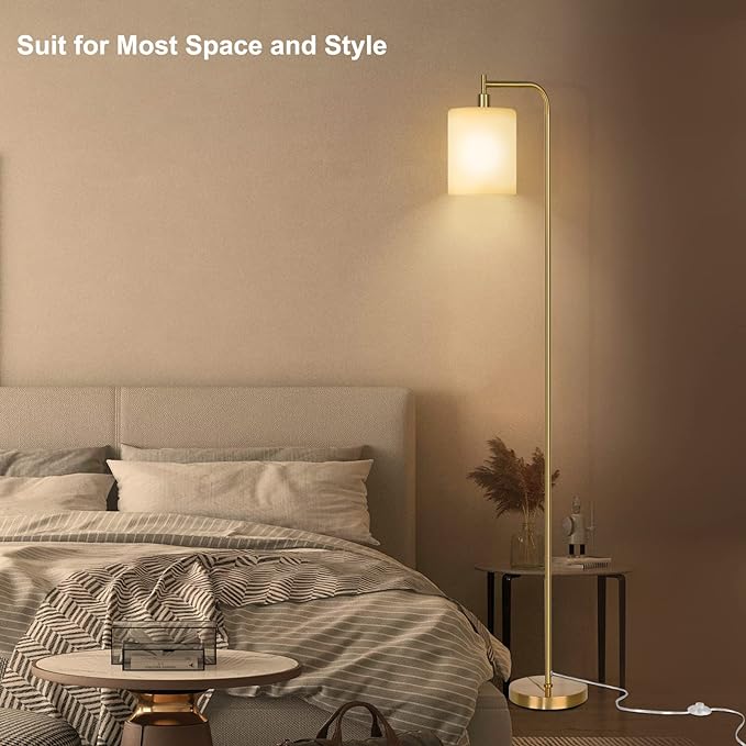 QiMH Floor Lamps for Living Room, Modern LED Standing Reading Light for Bedroom with Glass Shade, Tall Gold Industrial 3 Colors Dimmable Pole Lamp with Foot Control for Home Office Corner Decor - LeafyLoom