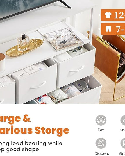 Sweetcrispy 5 Fabric Drawer Dresser TV Stand for Bedroom, Entertainment Center for 45 Inch TV with Storage Drawer Unit, Open Shelf, Adjustable Feet, Living Room, White - LeafyLoom