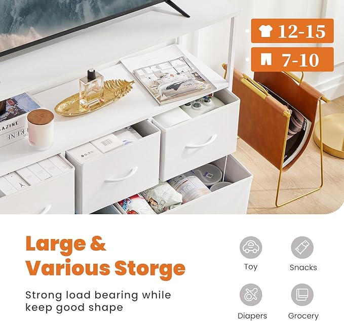 Sweetcrispy 5 Fabric Drawer Dresser TV Stand for Bedroom, Entertainment Center for 45 Inch TV with Storage Drawer Unit, Open Shelf, Adjustable Feet, Living Room, White - LeafyLoom