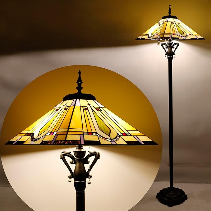 Tiffany Floor Lamp Mission Style Stained Glass Standing Reading Light 16X16X64 Inch - LeafyLoom