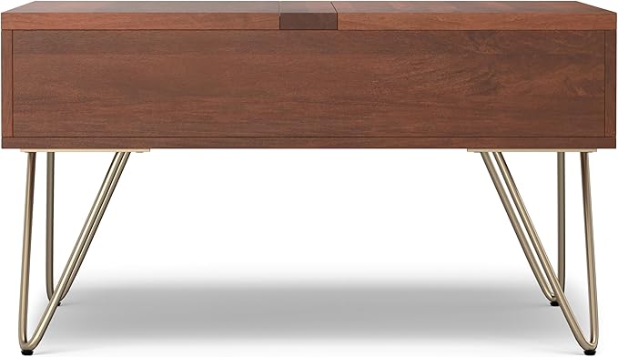 SIMPLIHOME Hunter SOLID MANGO WOOD Wide Square Industrial Lift Top Coffee Table for The Living Family Room, 32 inch, Umber Brown, Gold - LeafyLoom