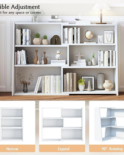 IOTXY Wooden Extendable Shelf Bookcase - 3-Tier Ladder Low Short Bookshelf for Small Space or Corner, White, L - LeafyLoom