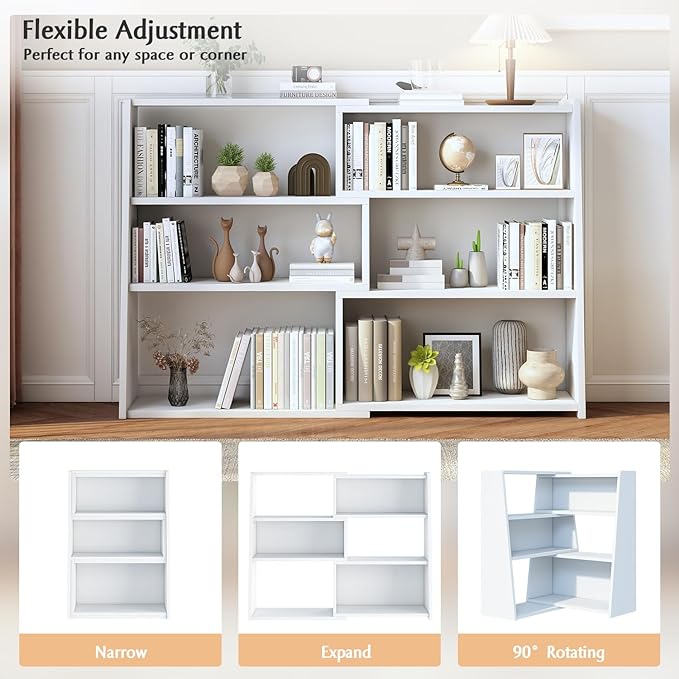 IOTXY Wooden Extendable Shelf Bookcase - 3-Tier Ladder Low Short Bookshelf for Small Space or Corner, White, S - LeafyLoom